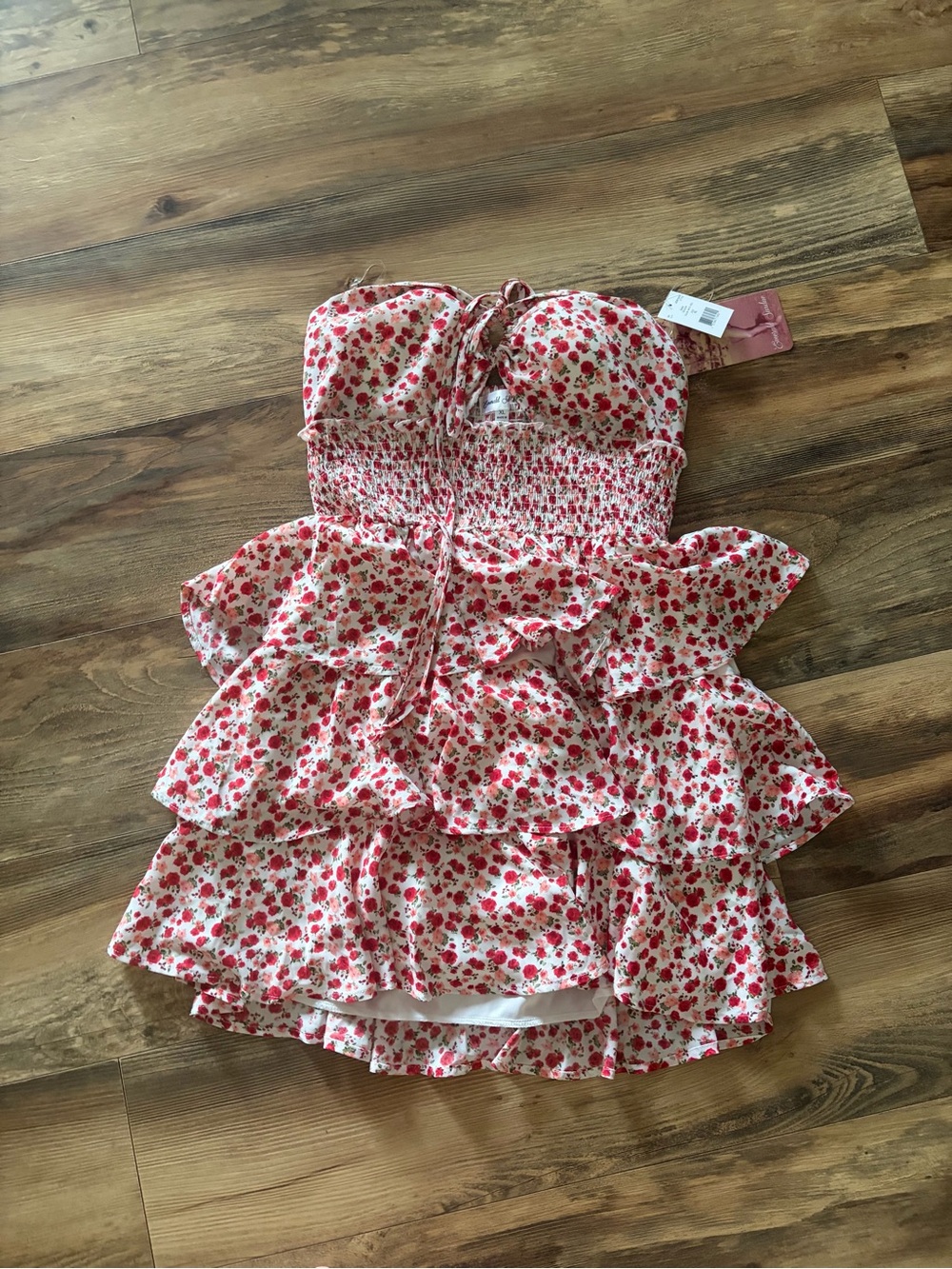 Emerald Sundae Strapless Floral Tiered Mini Dress - White & Red